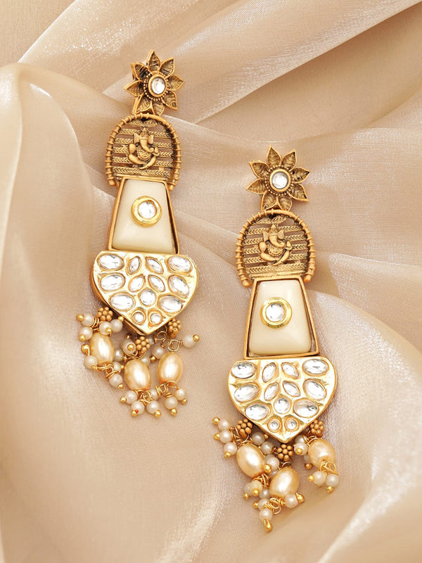 Rubans Lord Ganesh Chandelier Earrings with White Stones and Beads Hanging