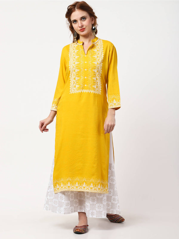 Women's Yellow Viscose Rayon Block Printed Straight Kurta Only - Cheera