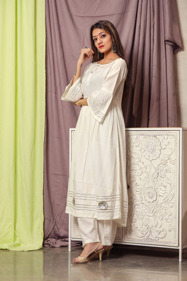 Women's Hot White 100% Cotton Gotta Kurta Palazzo Set - Cheera