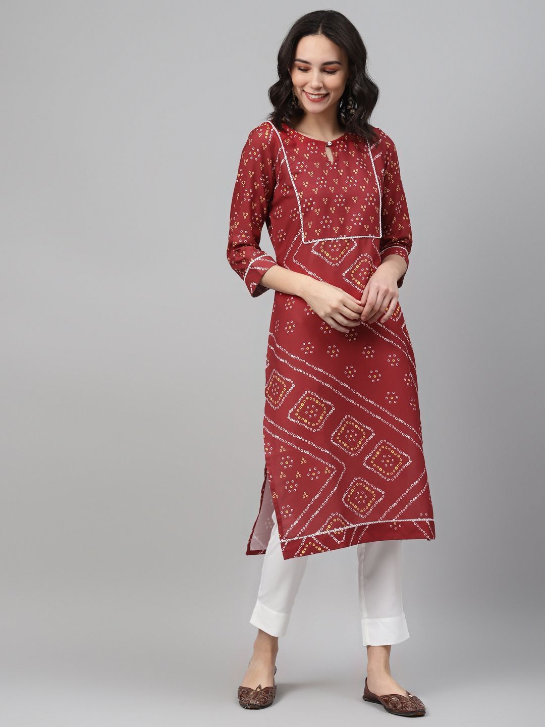 Women Red Bandhej Print Kurta And Pant Set by Ziyaa (2 Pc Set)