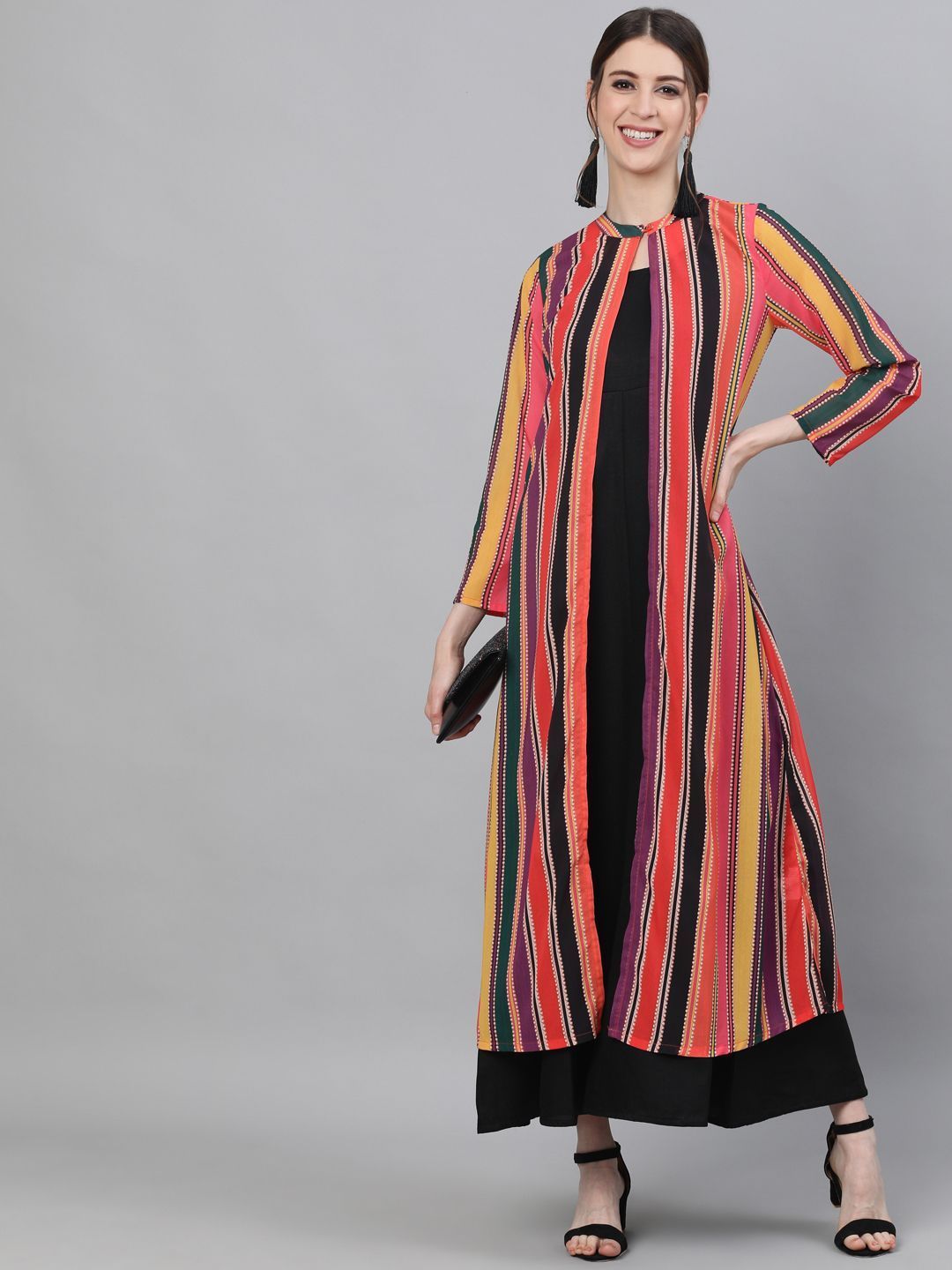 Women's Multicolor Striped Printed Maxi Dress - AKS