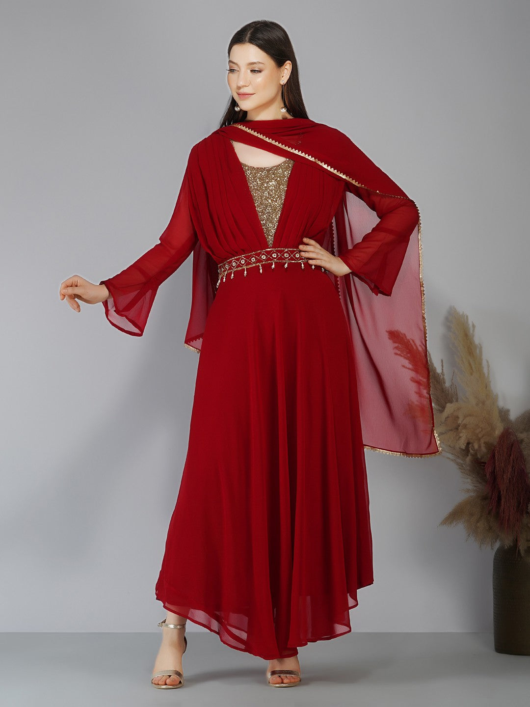 Women's Maroon Ankle Length A-Line Kurta  - Ziva Fashion