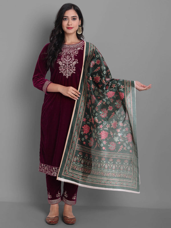 Women's Wine Embroidered Velvet Kurta With Trousers & Withã¢ Dupatta - Noz2Toz