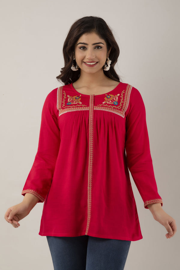 Women's Embroidered Viscose Rayon Regular Top (Rani) - Charu