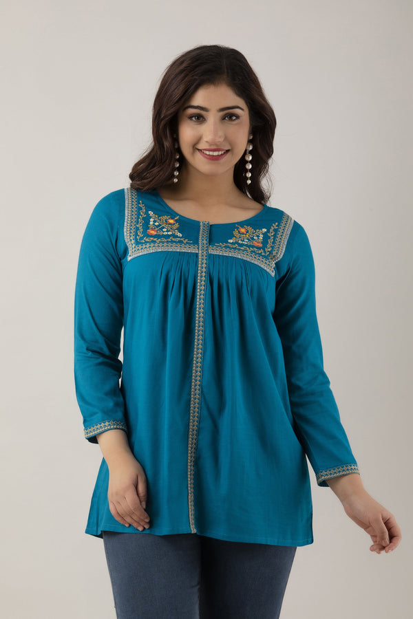 Women's Embroidered Viscose Rayon Regular Top (Tealblue) - Charu