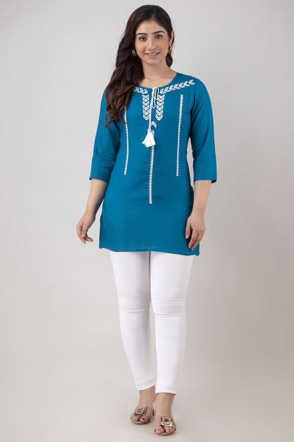 Women's Embroidered Viscose Rayon Regular Top (Sky Blue) - Charu