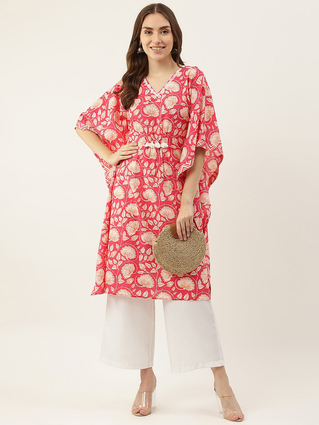 Women's Floral Printed Red Cotton Kaftan - Fiorra