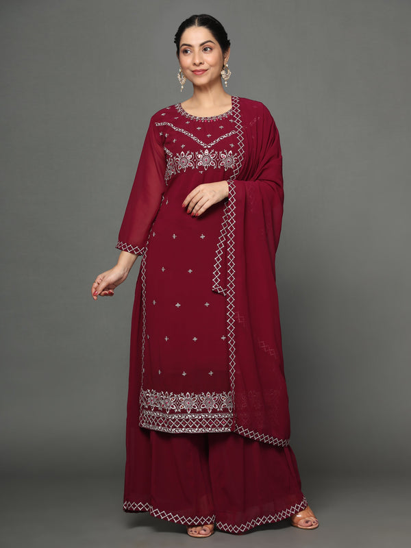 Women's Maroon Georgette Kurta, Pyjama & Dupatta Set - Noz2Toz