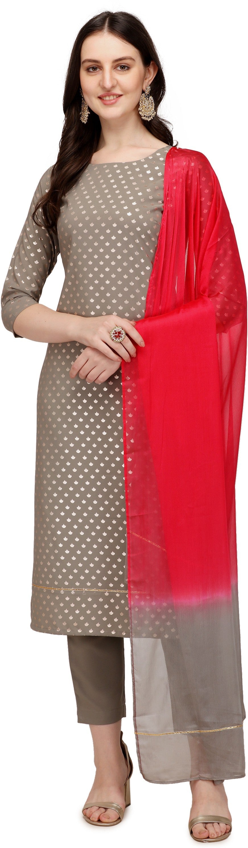 Women's Grey Poly Crepe Straight Kurta Pant With Dupatta - Fiorra