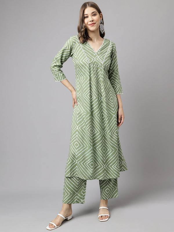 Women's Green Cotton A-Line Kurta set - Fiorra