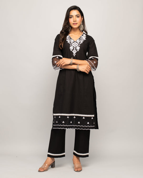 Women's Black Cotton Straight Kurta Palazzo Set - Fiorra