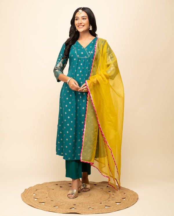 Women's Teal-Blue Crepe A-Line Kurta Pant With dupatta - Fiorra