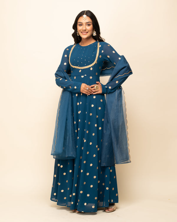 Women's Teal blue Georgette Anarkali Kurta With dupatta - Fiorra