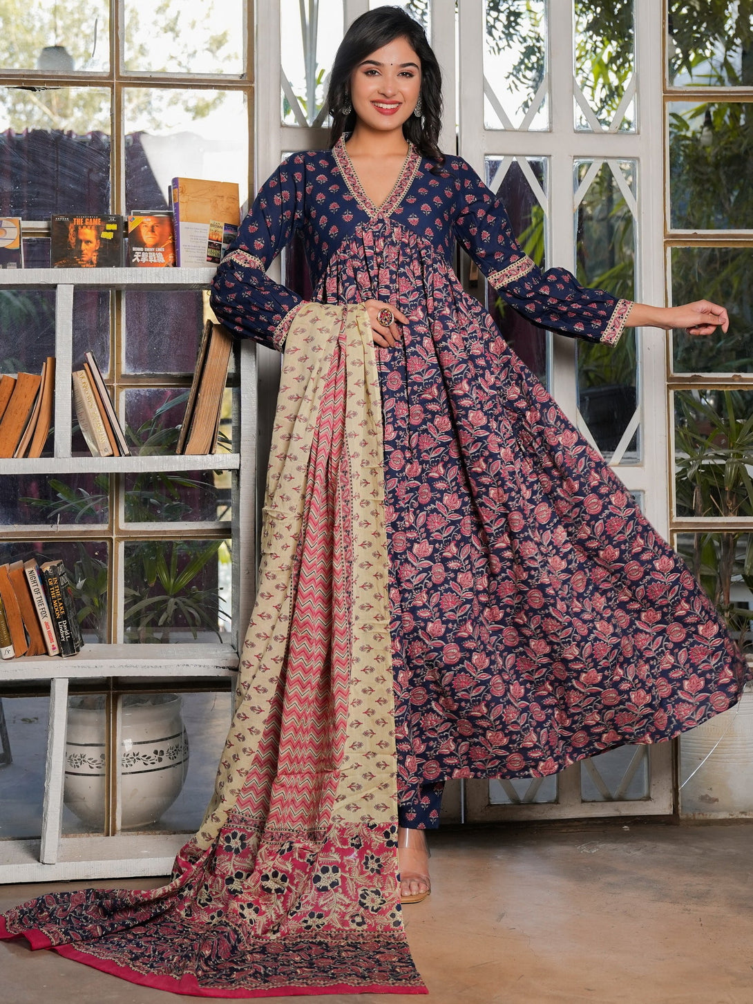 Women's Floral Print Anarkali Cotton Navy Blue Stitched Kurta Pant With Dupatta - Vbuyz