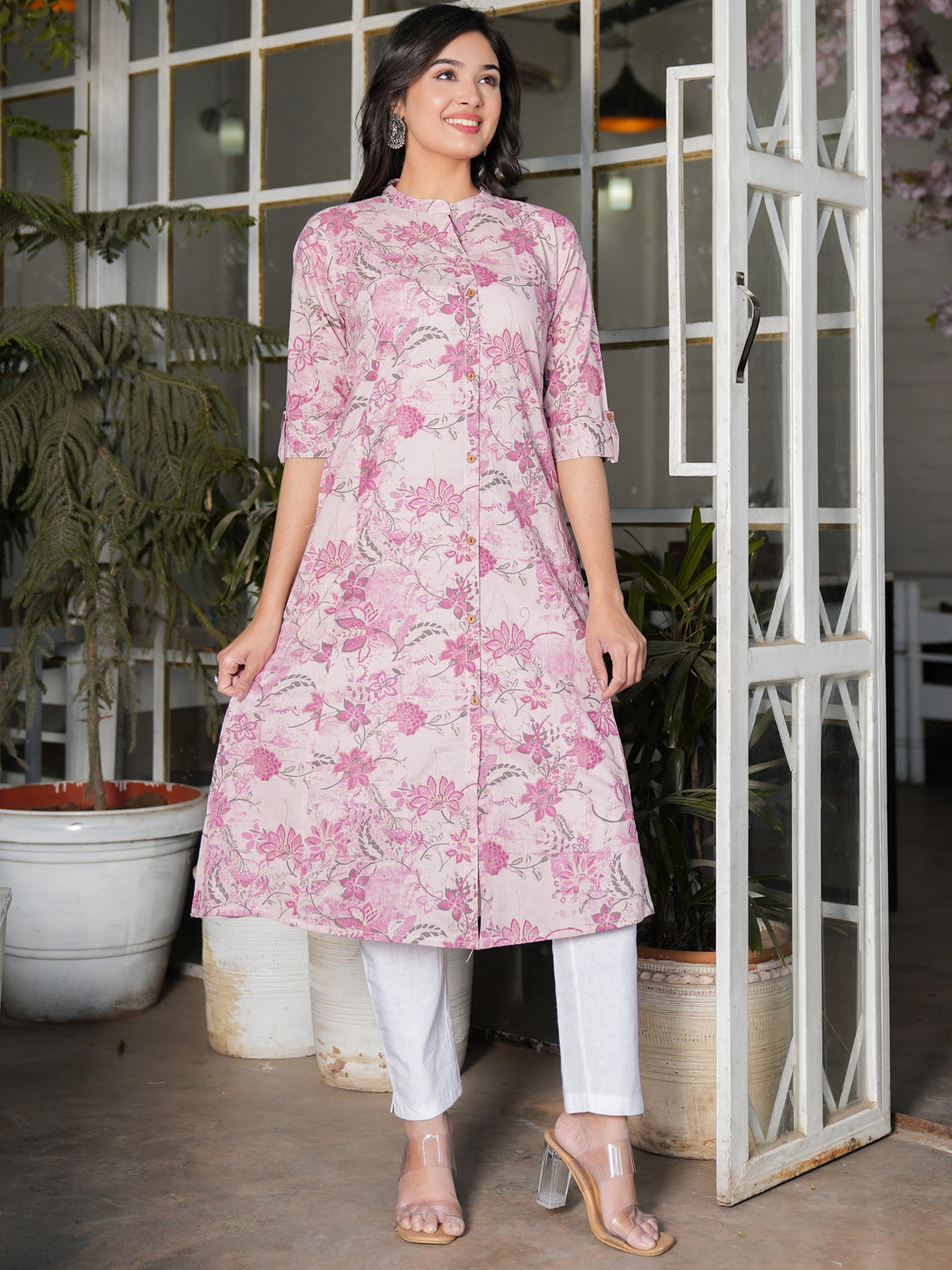 Women's Floral Printed Straight Cotton Pink Stitched Kurta - Vbuyz