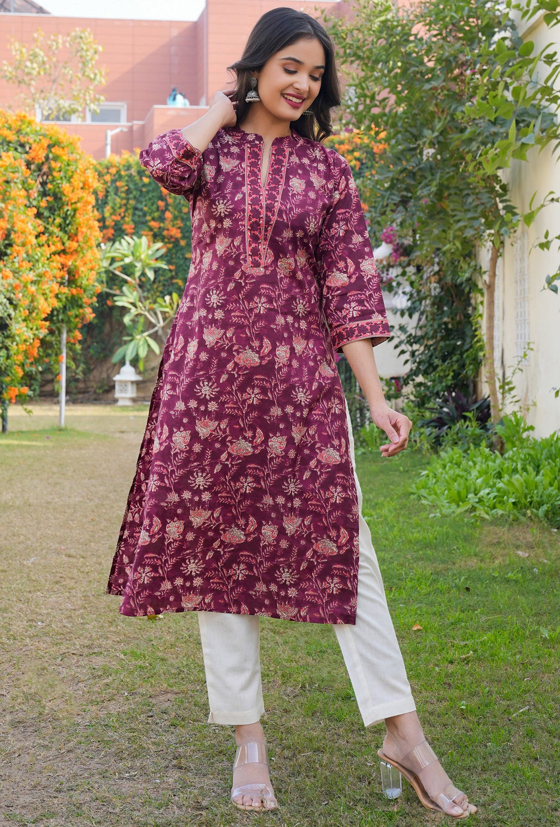 Women's Floral Printed Straight Cotton Purple Stitched Kurta - Vbuyz