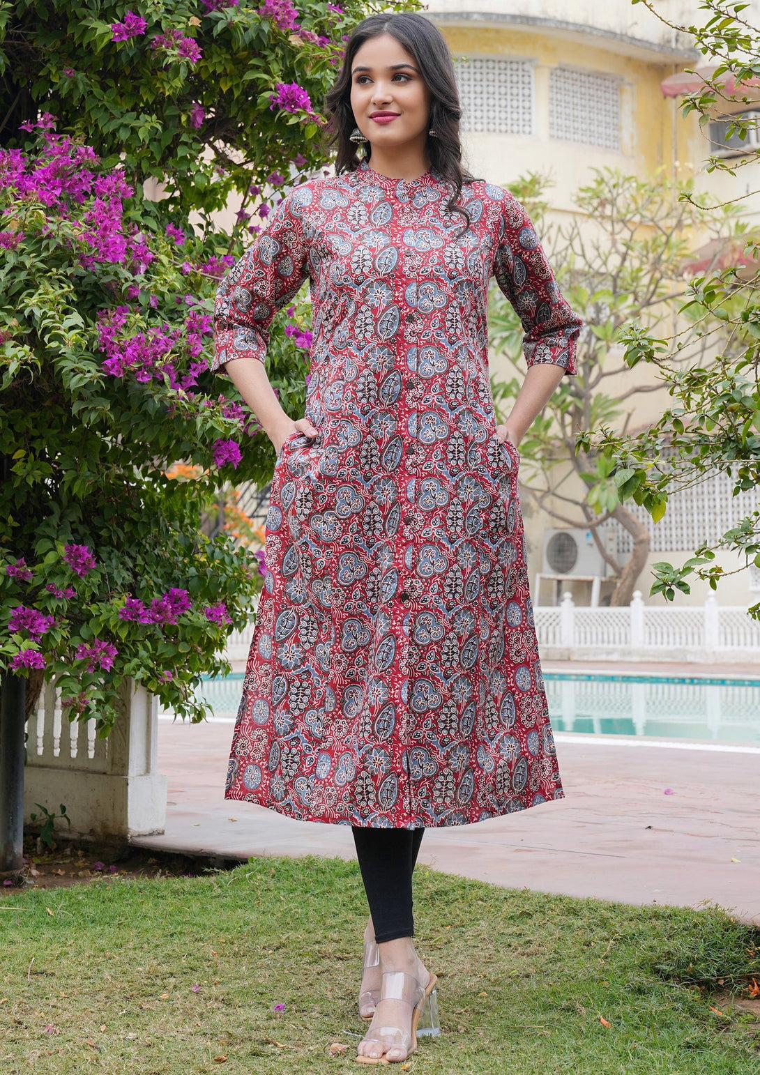 Women's Floral Print Straight Cotton Red Stitched Kurta - Vbuyz