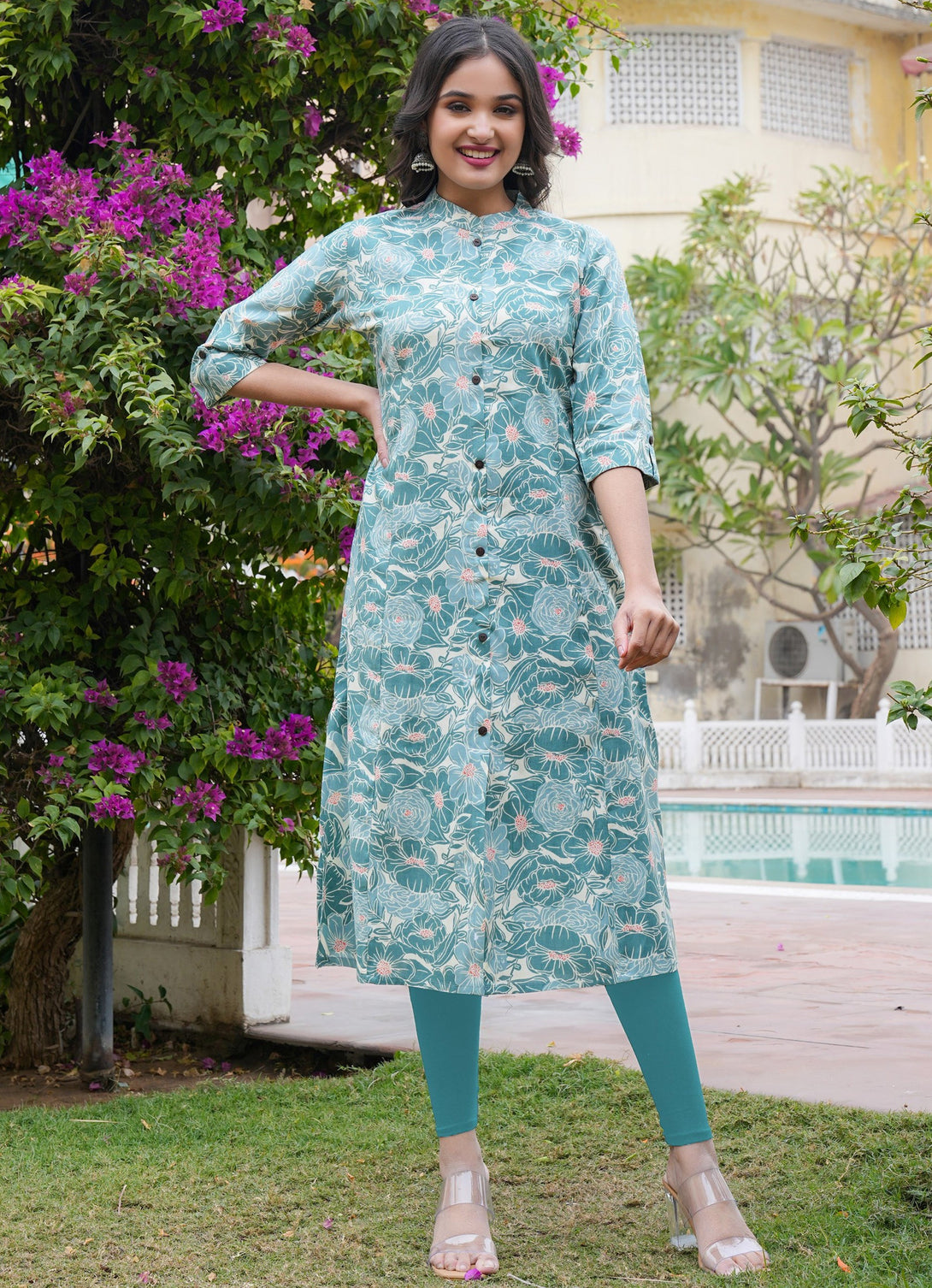 Women's Floral Print Straight Rayon Turquoise  Stitched Kurta - Vbuyz