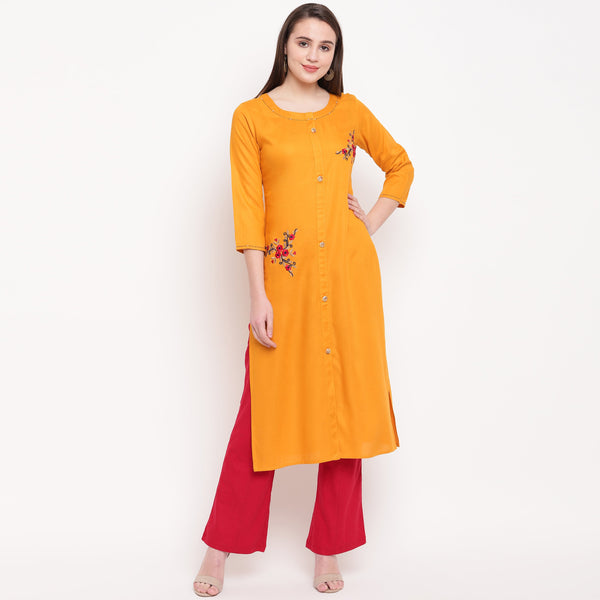 Women's Embroidered/Solid Straight Rayon Yellow Kurta (1Pc) - Vbuyz