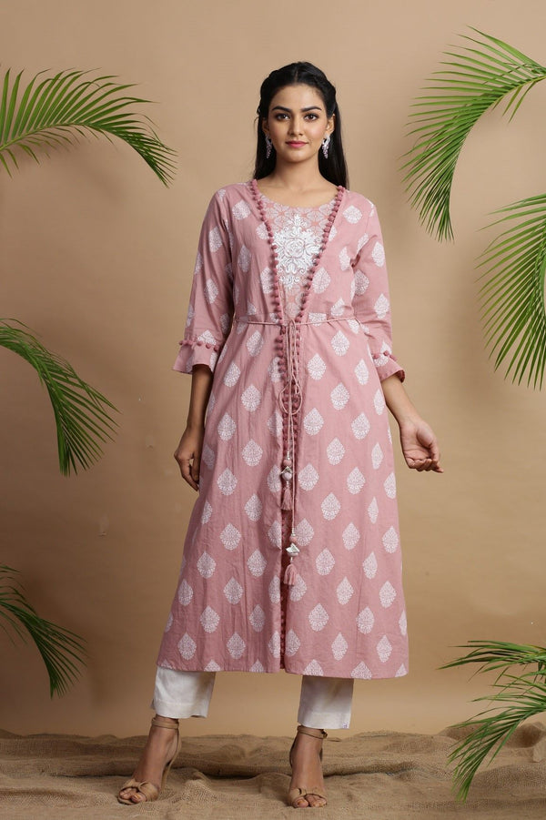 Women's Powderpink Cambric Printed Jacket Style Kurta 1- Juniper