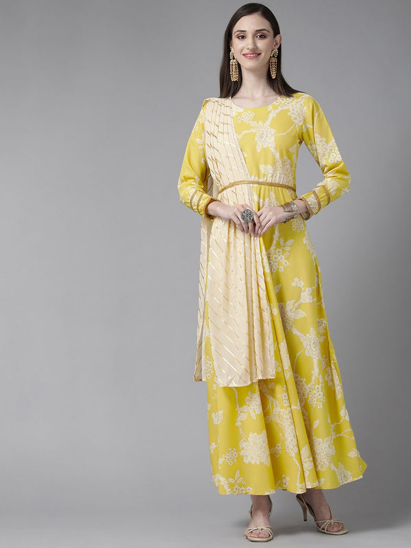 Yellow Digital Printed Draped Dress