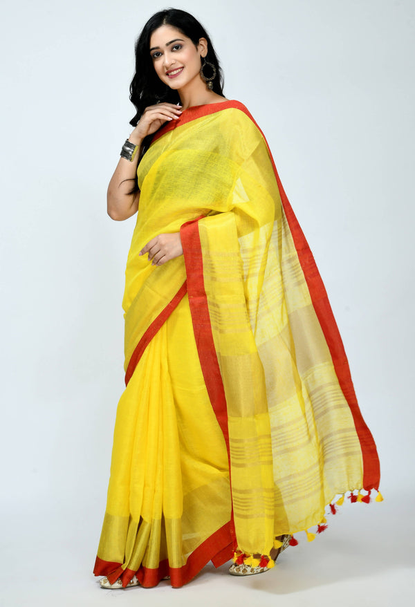 Women's Pure Linen Yellow Color Saree Mfsaree_028 - Moeza