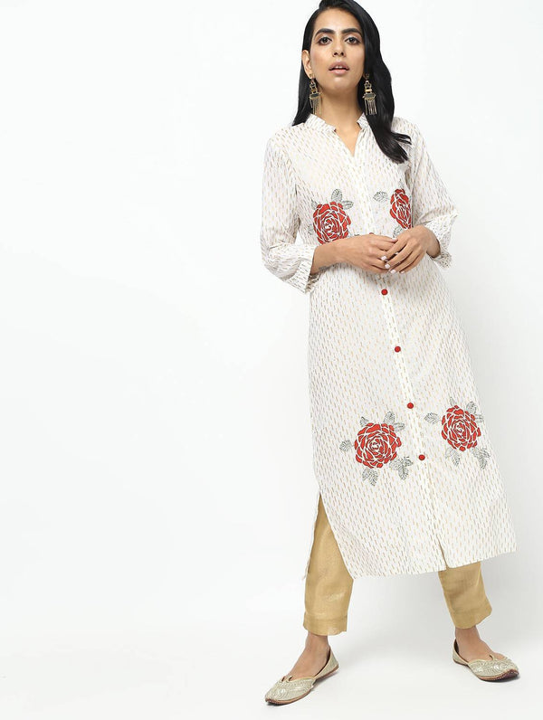 Women's Off White Straight Foil Printed Long Kurta Only - Cheera