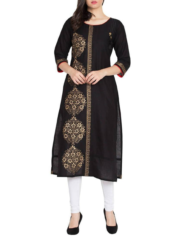 Women's Black Hand Block Print Straight Kurta Only - Cheera