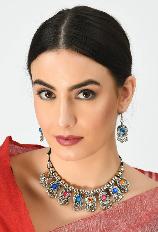 Kamal Johar Silver-Plated Multi Color Necklace with Earrings Jkms_066