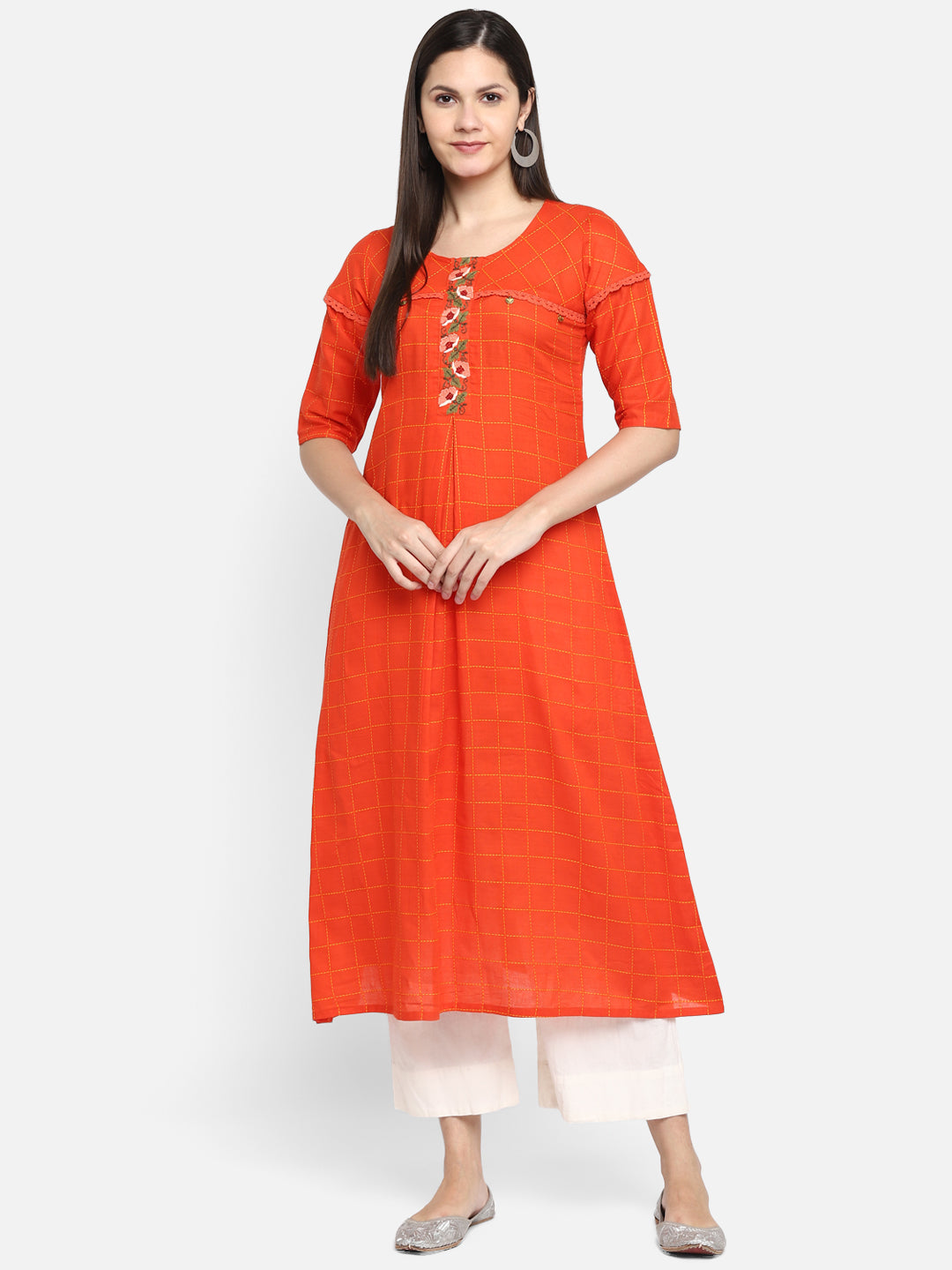 Women's Orange Color Embroidery Cotton Checks Stripe Straight Kurta - Vaaba