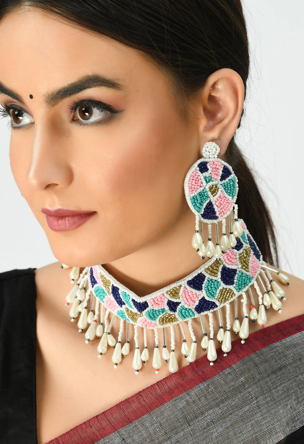 Johar Kamal Handicraft Multi Color Pearls Necklace with Earrings Jkms_037