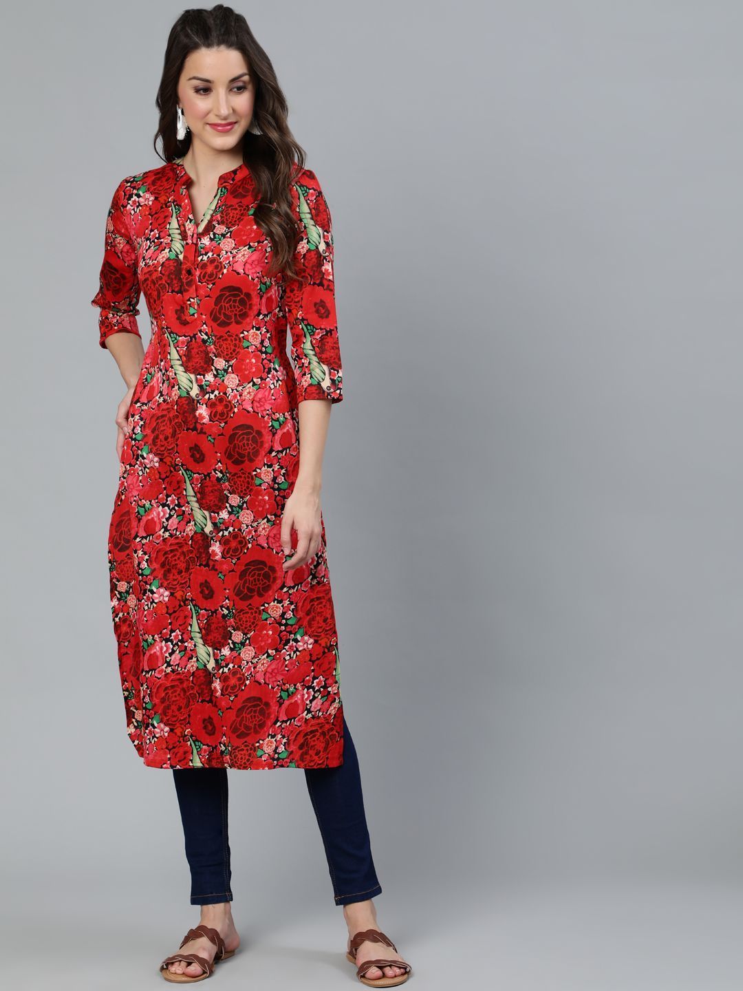 Women's Red Floral Printed Straight Kurta - AKS