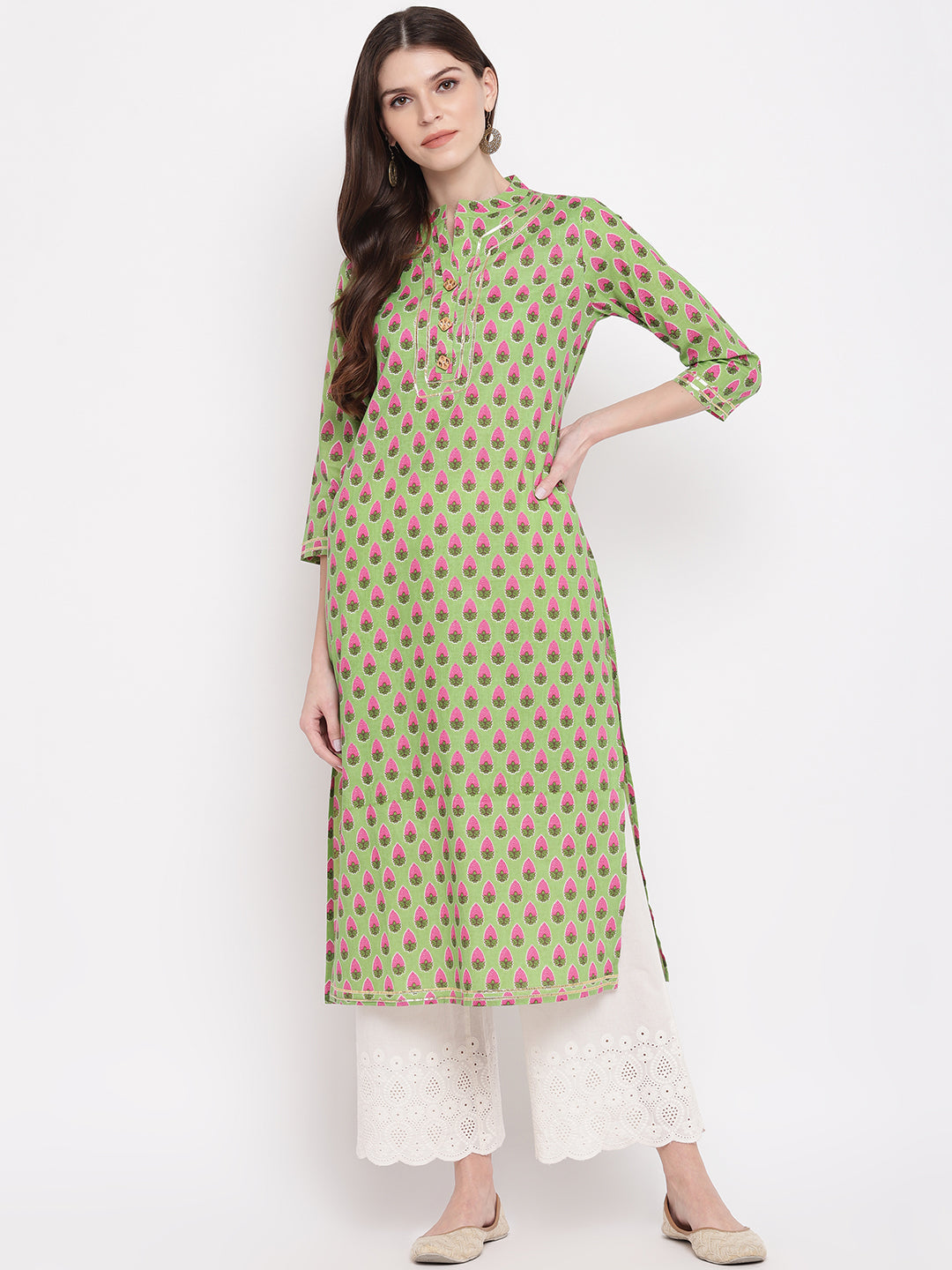 Women's Printed, Lace Work Straight Cotton Parrot Green Kurti - Vbuyz