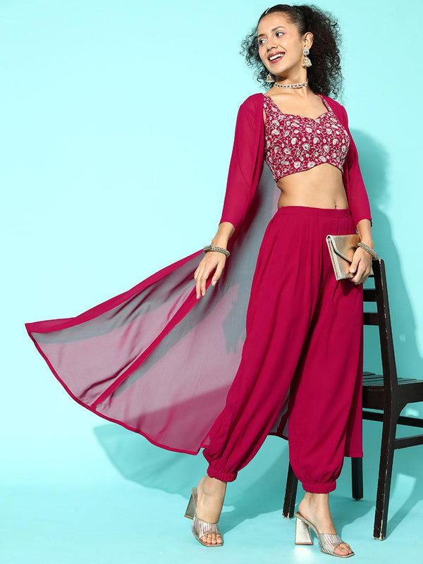 Magenta Embellished Georgette Top With Salwar & Shrug - Jashvi