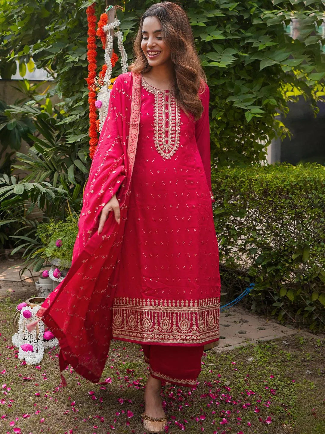 Magenta Embroidered Silk Blend Straight Suit Set - Jashvi