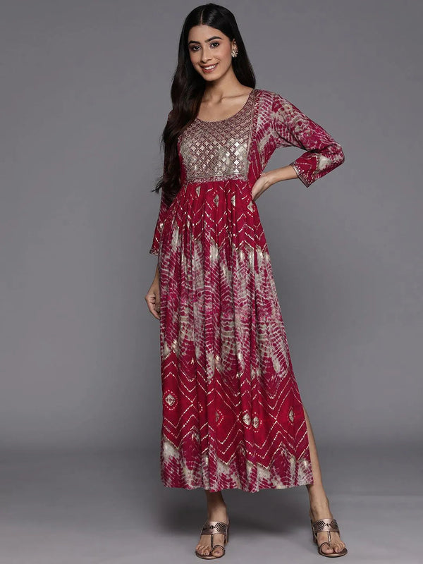 Magenta Printed Fit and Flare Rayon Dress - Jashvi