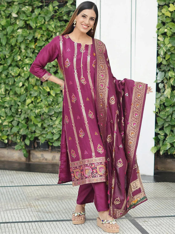 Magenta Self Design Silk Blend Straight Suit Set - Jashvi