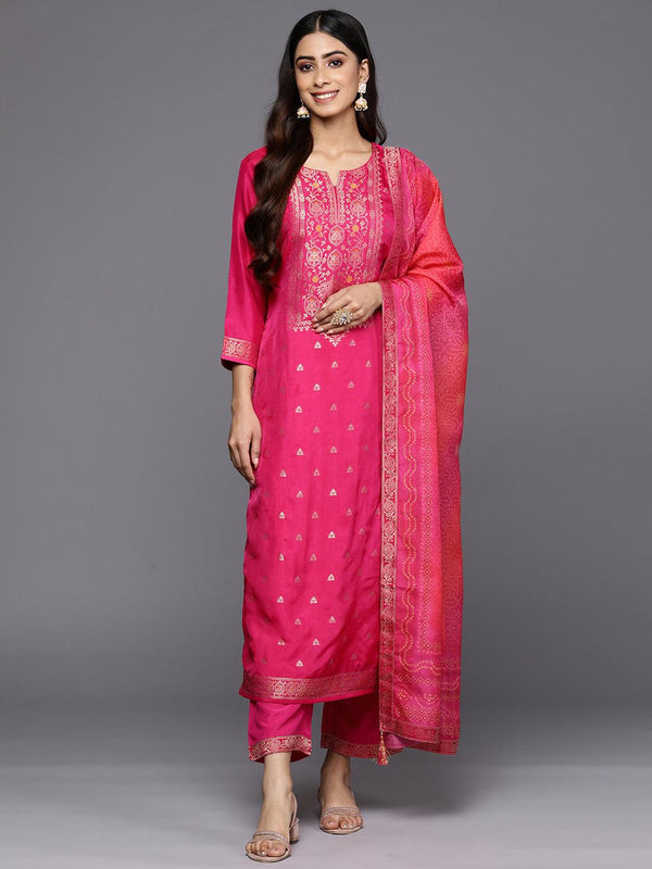 Magenta Self Design Silk Blend Straight Suit Set With Trousers - Jashvi