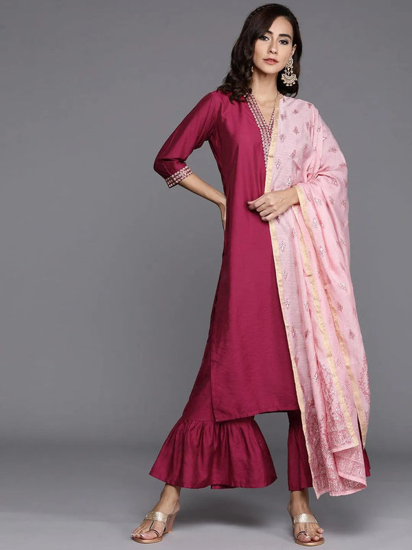 Magenta Solid Chanderi Silk Suit Set - Jashvi