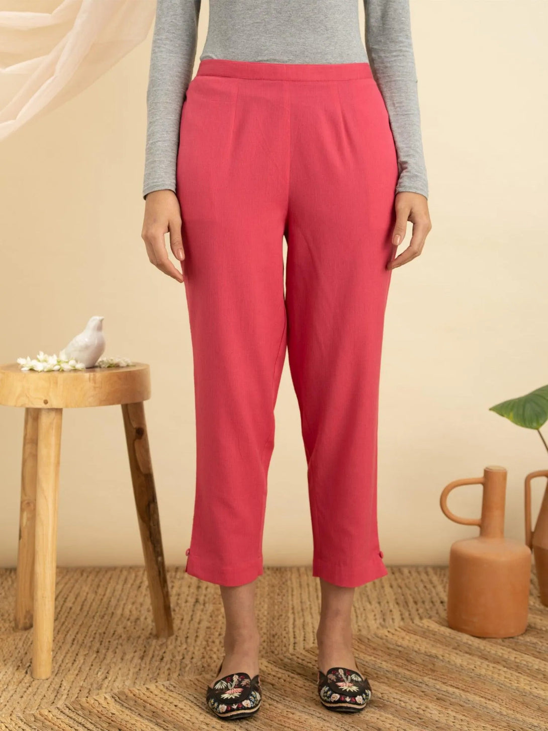 Magenta Solid Cotton Trousers - Jashvi