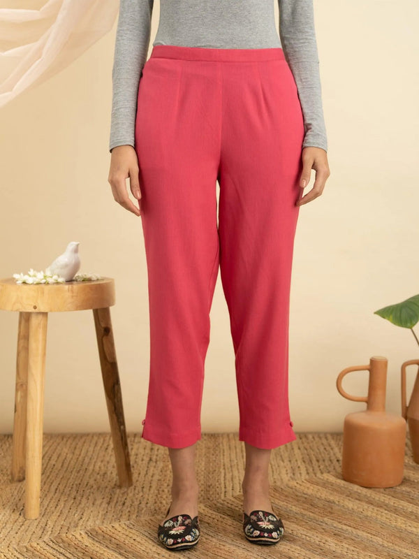 Magenta Solid Cotton Trousers - Jashvi