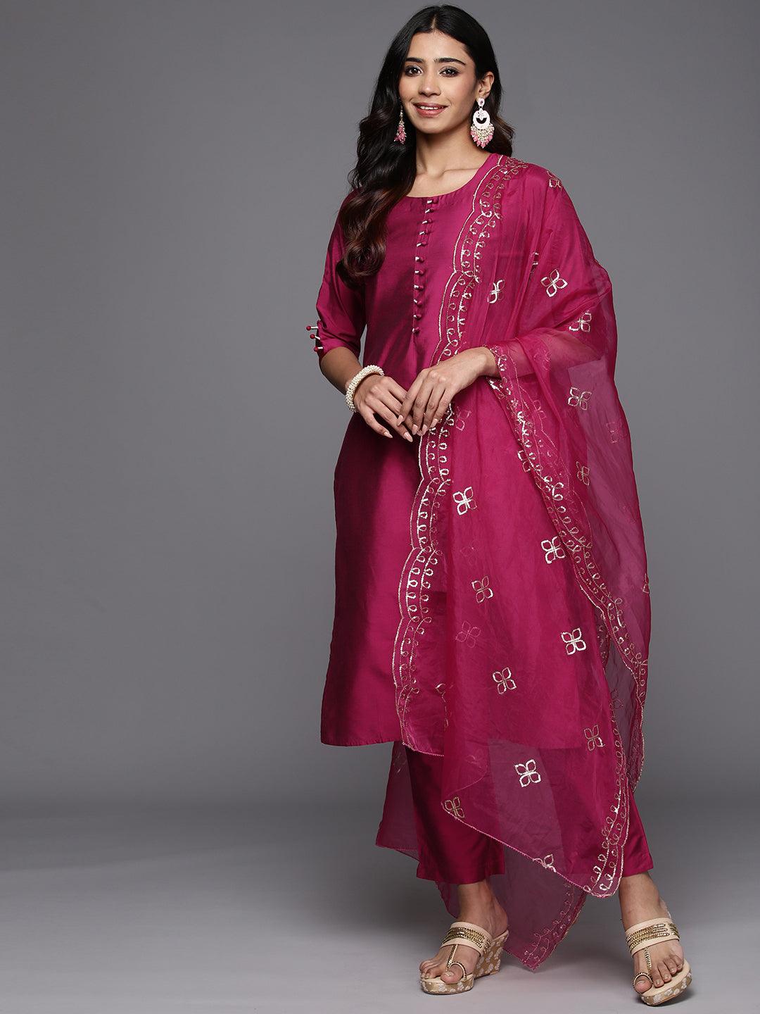 Magenta Solid Silk Blend Straight Kurta With Trousers & Dupatta - Jashvi