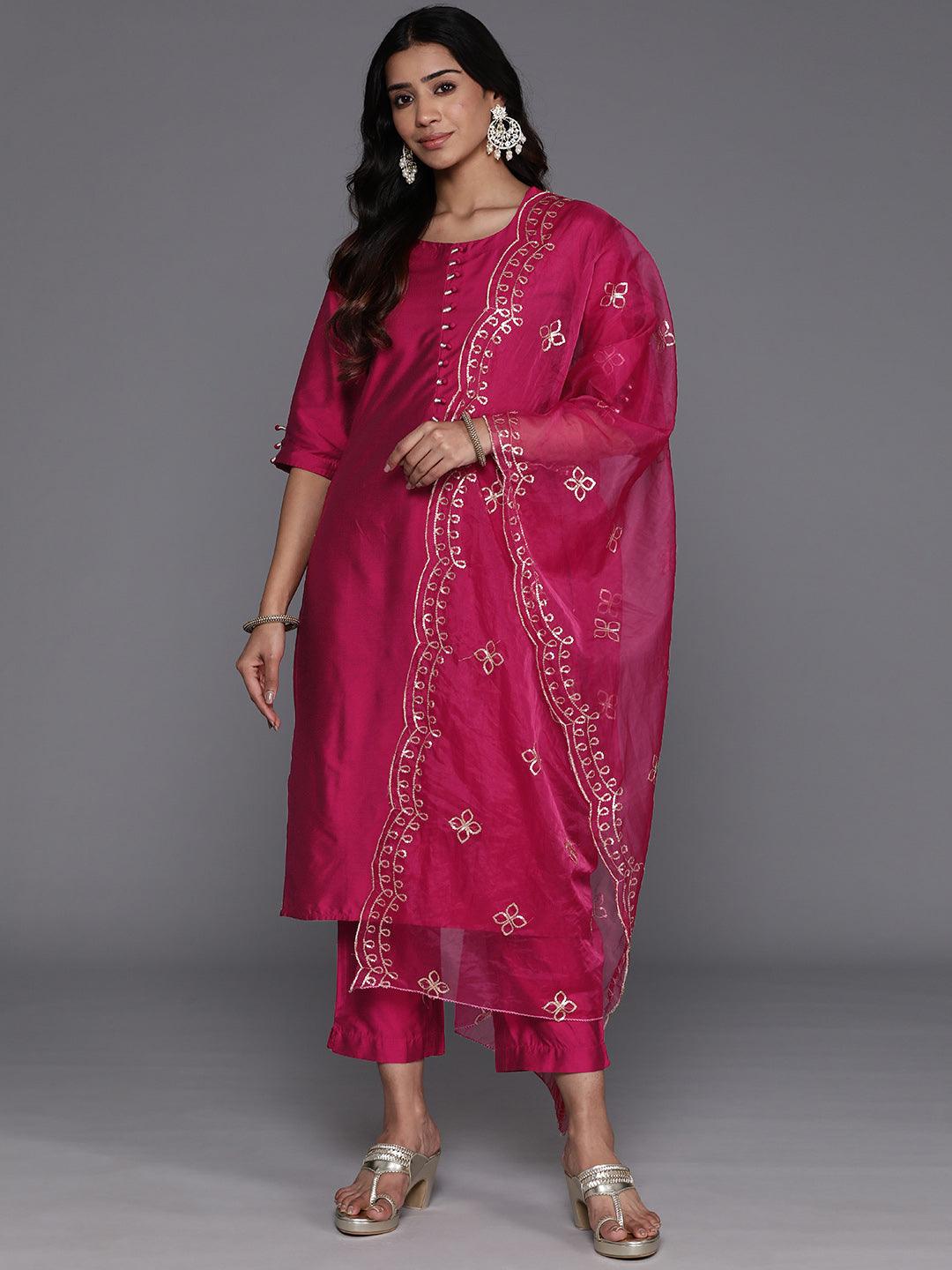 Magenta Solid Silk Blend Straight Kurta With Trousers & Dupatta - Jashvi