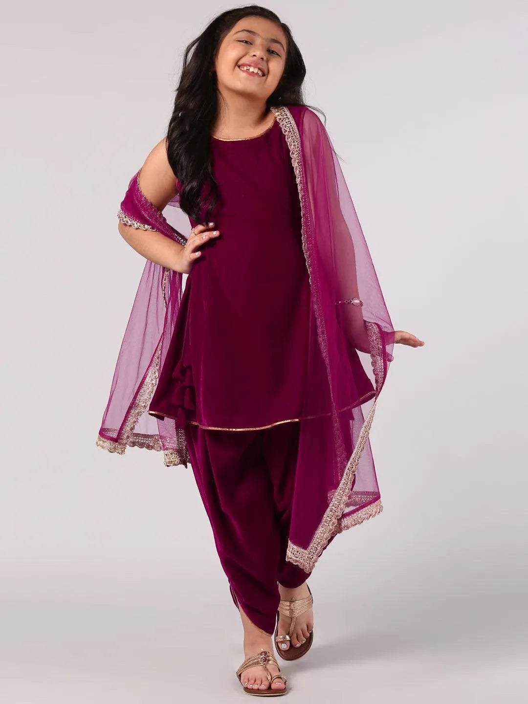 Magenta Solid Velvet Suit Set - Jashvi