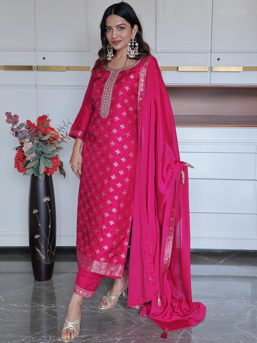 Magenta Woven Design Silk Blend Straight Kurta With Trousers & Dupatta - Jashvi