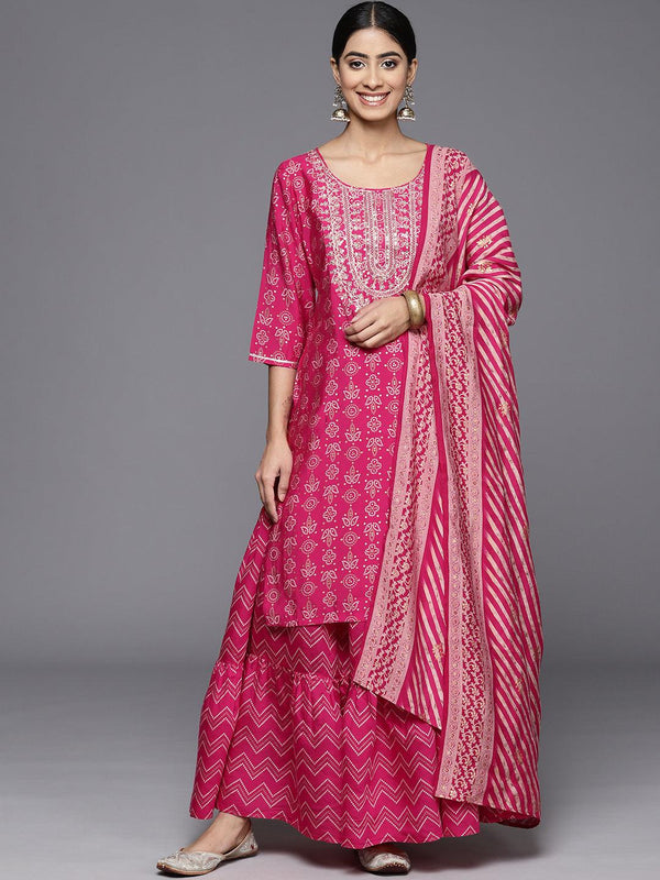 Magenta Yoke Design Silk Blend Straight Kurta With Skirt & Dupatta - Jashvi