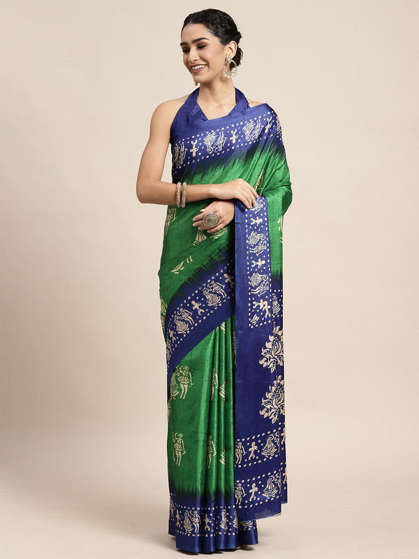 Women's Manipuri Silk Green Printed Saree With Blouse Piece - Odette