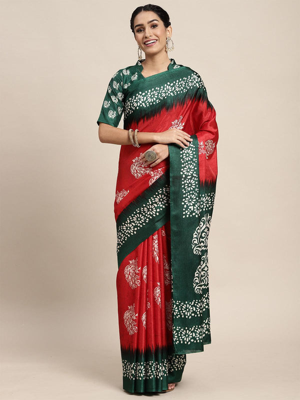 Women's Manipuri Silk Red Printed Saree With Blouse Piece - Odette