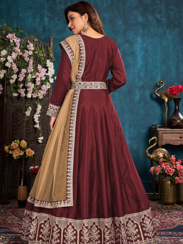 Women's Maroon Art Silk Designer Heavy Embroidery Anarkali Dress - Odette