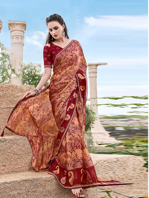 Women's Maroon Brasso Printed Saree - Odette